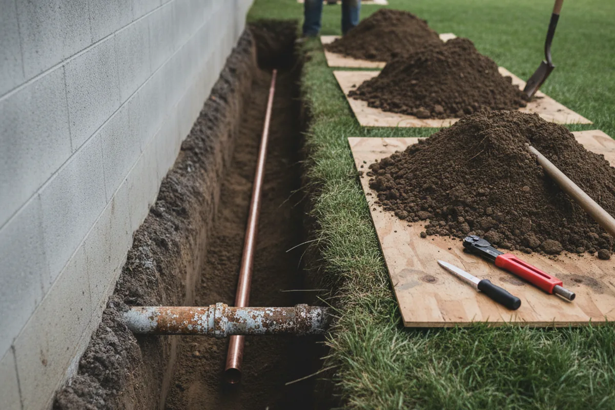 Excavated water line trench during Water Heater Repair in Elm Grove